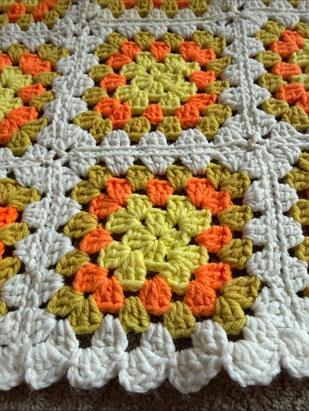 Hand Crafted Yellow Orange‎ Cream Crochet Granny Square Throw Blanket